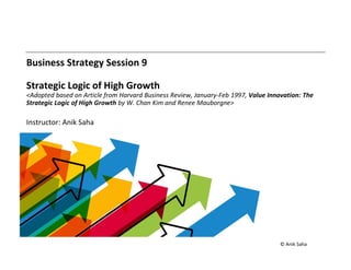 Business Strategy Session 9
Strategic Logic of High Growth
<Adopted based on Article from Harvard Business Review, January-Feb 1997, Value Innovation: The
Strategic Logic of High Growth by W. Chan Kim and Renee Mauborgne>
Instructor: Anik Saha
© Anik Saha
 