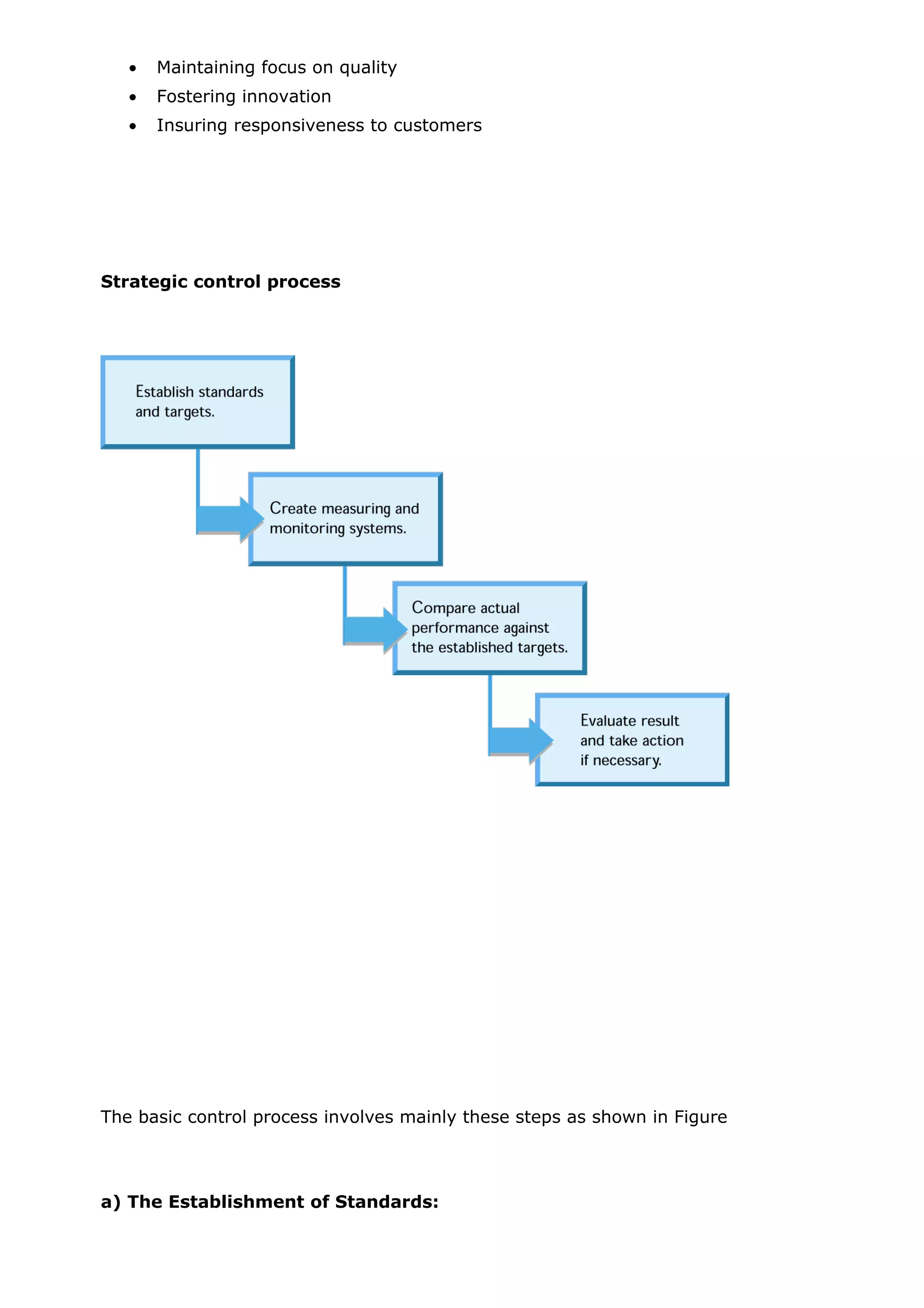 • Maintaining focus on quality
• Fostering innovation
• Insuring responsiveness to customers
Strategic control process
The basic control process involves mainly these steps as shown in Figure
a) The Establishment of Standards:
 