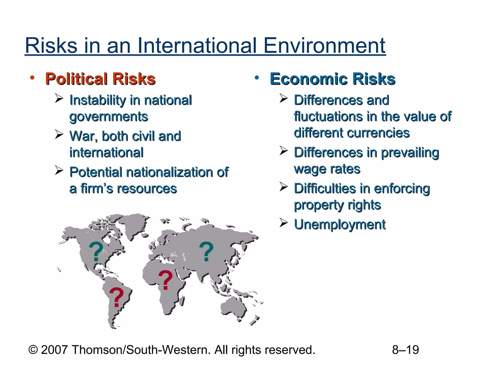 Risks in an International Environment
• Political Risks                      • Economic Risks
     Instability in national               Differences and
      governments                            fluctuations in the value of
     War, both civil and                    different currencies
      international                         Differences in prevailing
     Potential nationalization of           wage rates
      a firm’s resources                    Difficulties in enforcing
                                             property rights
                                            Unemployment

          ?                  ?
                      ?
              ?
© 2007 Thomson/South-Western. All rights reserved.            8–19
 