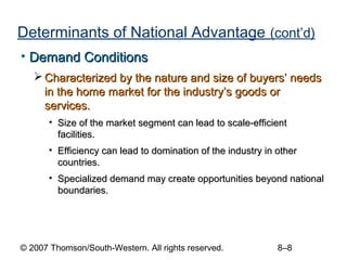 Determinants of National Advantage (cont’d)
• Demand Conditions
    Characterized by the nature and size of buyers’ needs
     in the home market for the industry’s goods or
     services.
       • Size of the market segment can lead to scale-efficient
         facilities.
       • Efficiency can lead to domination of the industry in other
         countries.
       • Specialized demand may create opportunities beyond national
         boundaries.




© 2007 Thomson/South-Western. All rights reserved.            8–8
 