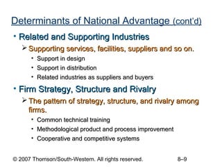 Determinants of National Advantage (cont’d)
• Related and Supporting Industries
    Supporting services, facilities, suppliers and so on.
       • Support in design
       • Support in distribution
       • Related industries as suppliers and buyers

• Firm Strategy, Structure and Rivalry
    The pattern of strategy, structure, and rivalry among
     firms.
       • Common technical training
       • Methodological product and process improvement
       • Cooperative and competitive systems


© 2007 Thomson/South-Western. All rights reserved.        8–9
 