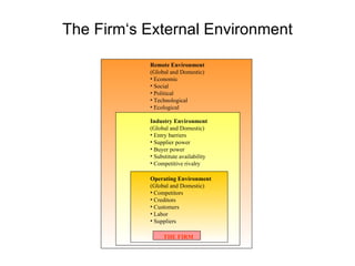 The Firm‘s External Environment <ul><li>Remote Environment </li></ul><ul><li>(Global and Domestic) </li></ul><ul><li>Econo...