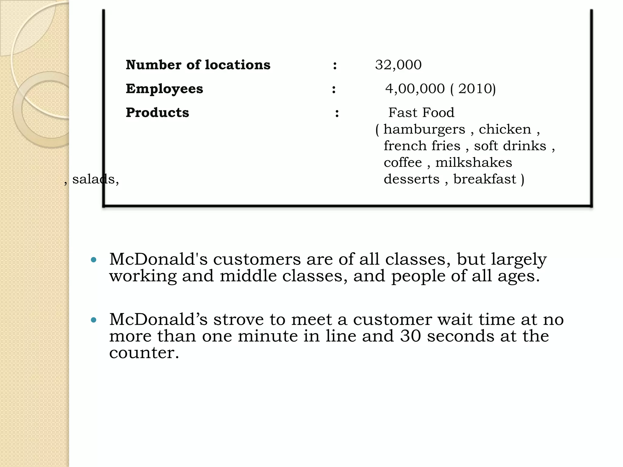 Number of locations   :    32,000
            Employees             :     4,00,000 ( 2010)
            Products              :       Fast Food
                                       ( hamburgers , chicken ,
                                         french fries , soft drinks ,
                                         coffee , milkshakes
, salads,                                desserts , breakfast )




       McDonald's customers are of all classes, but largely
        working and middle classes, and people of all ages.

       McDonald’s strove to meet a customer wait time at no
        more than one minute in line and 30 seconds at the
        counter.
 