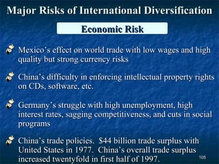 Major Risks of International Diversification
                     Economic Risk

  Mexico’s effect on world trade with low wages and high
  quality but strong currency risks

  China’s difficulty in enforcing intellectual property rights
  on CDs, software, etc.

  Germany’s struggle with high unemployment, high
  interest rates, sagging competitiveness, and cuts in social
  programs

  China’s trade policies. $44 billion trade surplus with
  United States in 1977. China’s overall trade surplus
  increased twentyfold in first half of 1997.           105
 
