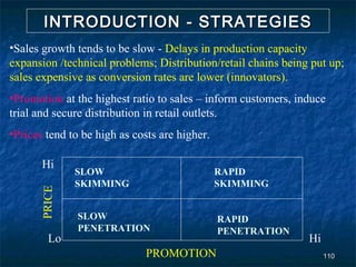 INTRODUCTION - STRATEGIES
•Sales growth tends to be slow - Delays in production capacity
expansion /technical problems; Distribution/retail chains being put up;
sales expensive as conversion rates are lower (innovators).
•Promotion at the highest ratio to sales – inform customers, induce
trial and secure distribution in retail outlets.
•Prices tend to be high as costs are higher.

       Hi
              SLOW                             RAPID
              SKIMMING                         SKIMMING
      PRICE




              SLOW                             RAPID
              PENETRATION                      PENETRATION
        Lo                                                     Hi
                             PROMOTION                              110
 