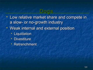 Dogs
   Low relative market share and compete in
    a slow- or no-growth industry
   Weak internal and external position
       Liquidation
       Divestiture
       Retrenchment




                                          131
 