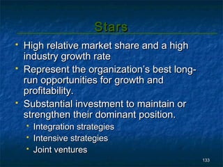Stars
   High relative market share and a high
    industry growth rate
   Represent the organization’s best long-
    run opportunities for growth and
    profitability.
   Substantial investment to maintain or
    strengthen their dominant position.
       Integration strategies
       Intensive strategies
       Joint ventures
                                              133
 