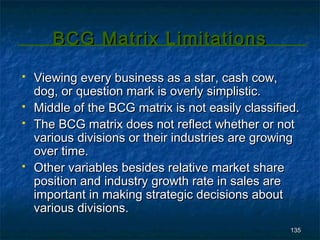 BCG Matrix Limitations
   Viewing every business as a star, cash cow,
    dog, or question mark is overly simplistic.
   Middle of the BCG matrix is not easily classified.
   The BCG matrix does not reflect whether or not
    various divisions or their industries are growing
    over time.
   Other variables besides relative market share
    position and industry growth rate in sales are
    important in making strategic decisions about
    various divisions.
                                                    135
 