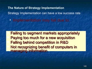 The Nature of Strategy Implementation
Strategy Implementation can have a low success rate

    • Implementation may fail due to:

   Failing to segment markets appropriately
   Paying too much for a new acquisition
   Falling behind competition in R&D
   Not recognizing benefit of computers in
    managing information


                                                      145
 