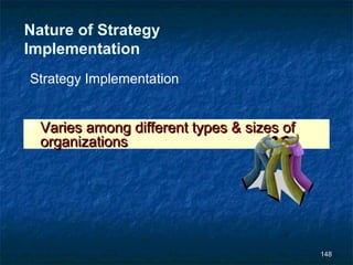 Nature of Strategy
Implementation
Strategy Implementation


   Varies among different types & sizes of
    organizations




                                              148
 