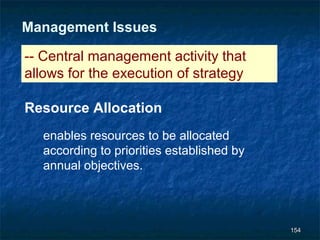 Management Issues

-- Central management activity that
allows for the execution of strategy

Resource Allocation
   enables resources to be allocated
   according to priorities established by
   annual objectives.




                                            154
 
