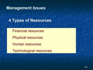 Management Issues


 4 Types of Resources

1. Financial resources
2. Physical resources
3. Human resources
4. Technological resources



                             155
 