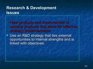 Research & Development
Issues

    New products and improvement of
    existing products that allow for effective
    strategy implementation
   Use an R&D strategy that ties external
    opportunities to internal strengths and is
    linked with objectives.




                                                 167
 