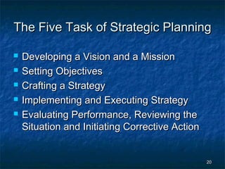 The Five Task of Strategic Planning

   Developing a Vision and a Mission
   Setting Objectives
   Crafting a Strategy
   Implementing and Executing Strategy
   Evaluating Performance, Reviewing the
    Situation and Initiating Corrective Action


                                                 20
 