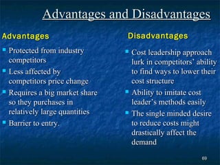 Advantages and Disadvantages
Advantages                        Disadvantages
   Protected from industry          Cost leadership approach
    competitors                       lurk in competitors’ ability
   Less affected by                  to find ways to lower their
    competitors price change          cost structure
   Requires a big market share      Ability to imitate cost
    so they purchases in              leader’s methods easily
    relatively large quantities      The single minded desire
   Barrier to entry.                 to reduce costs might
                                      drastically affect the
                                      demand
                                                             69
 