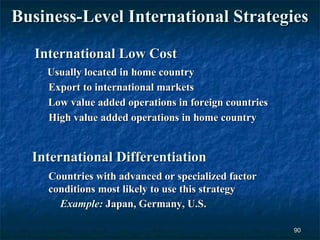 Business-Level International Strategies

   International Low Cost
    Usually located in home country
    Export to international markets
    Low value added operations in foreign countries
    High value added operations in home country


  International Differentiation
     Countries with advanced or specialized factor
     conditions most likely to use this strategy
       Example: Japan, Germany, U.S.

                                                      90
 
