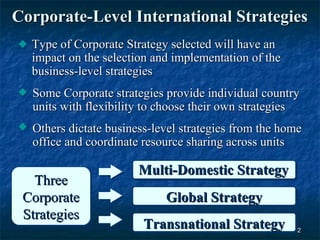 Corporate-Level International Strategies
  Type of Corporate Strategy selected will have an
  impact on the selection and implementation of the
  business-level strategies
  Some Corporate strategies provide individual country
  units with flexibility to choose their own strategies
  Others dictate business-level strategies from the home
  office and coordinate resource sharing across units

                       Multi-Domestic Strategy
   Three
 Corporate                  Global Strategy
 Strategies
                        Transnational Strategy        92
 