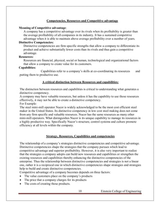 Competencies, Resources and Competitive advantage

Meaning of Competitive advantage:
   A company has a competitive advantage over its rivals when its profitability is greater than
   the average profitability of all companies in its industry. It has a sustained competitive
   advantage when it is able to maintain above average profitability over a number of years.
Distinctive Competencies:
   Distinctive competencies are firm specific strengths that allow a company to differentiate its
   product and achieve substantially lower costs than its rivals and thus gain a competitive
   advantage.
Resources:
   Resources are financial, physical, social or human, technological and organizational factors
   that allow a company to create value for its customers.
Capabilities:
                 Capabilities refer to a company‟s skills at co-coordinating its resources    and
putting them to productive use.

                  A critical distinction between Resources and capabilities:

The distinction between resources and capabilities is critical to understanding what generates a
distinctive competency.
A company may have valuable resources, but unless it has the capability to use those resources
effectively, it may not be able to create a distinctive competency.
For Example:
The steel mini-mill operator Nucor is widely acknowledged to be the most cost efficient steel
maker in the United States. Its distinctive competency in low cost steel making does not come
from any firm specific and valuable resources. Nucor has the same resources as many other
mini-mill operators. What distinguishes Nucor is its unique capability to manage its resources in
a highly productive way. Specifically Nucor‟s structure, control systems and culture promote
efficiency at all levels within the company.


                     Strategy, Resources, Capabilities and competencies

The relationship of a company‟s strategies distinctive competencies and competitive advantage.
Distinctive competencies shape the strategies that the company pursues which lead to
competitive advantage and superior profitability. However, it is also very important to realize
that the strategies a company adopts can build new resources and capabilities or strengthen the
existing resources and capabilities thereby enhancing the distinctive competencies of the
enterprise. Thus the relationship between distinctive competencies and strategies is not a linear
one, rather it is a reciprocal one in which distinctive competencies shape strategies and strategies
help to build and create distinctive competencies.
Competitive advantage of a company becomes depends on three factors:
 The value customers place on the company‟s products
 The price that a company charges for its products
 The costs of creating those products.

                                                10                Einstein College of Engineering
 