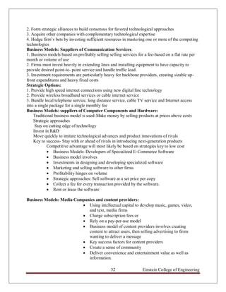 2. Form strategic alliances to build consensus for favored technological approaches
3. Acquire other companies with complementary technological expertise
4. Hedge firm‟s bets by investing sufficient resources in mastering one or more of the competing
technologies
Business Models: Suppliers of Communication Services:
1. Business models based on profitably selling selling services for a fee-based on a flat rate per
month or volume of use
2. Firms must invest heavily in extending lines and installing equipment to have capacity to
provide desired point-to- point service and handle traffic load.
3. Investment requirements are particularly heavy for backbone providers, creating sizable up-
front expenditures and heavy fixed costs
Strategic Options:
1. Provide high speed internet connections using new digital line technology
2. Provide wireless broadband services or cable internet service
3. Bundle local telephone service, long distance service, cable TV service and Internet access
into a single package for a single monthly fee
Business Models: suppliers of Computer Components and Hardware:
    Traditional business model is used-Make money by selling products at prices above costs
    Strategic approaches
     Stay on cutting edge of technology
    Invest in R&D
    Move quickly to imitate technological advances and product innovations of rivals
    Key to success- Stay with or ahead of rivals in introducing next-generation products
            Competitive advantage will most likely be based on strategies key to low cost
             Business Models: Developers of Specialized E-Commerce Software
             Business model involves
             Investments in designing and developing specialized software
             Marketing and selling software to other firms
             Profitability hinges on volume
             Strategic approaches: Sell software at a set price per copy
             Collect a fee for every transaction provided by the software.
             Rent or lease the software

Business Models: Media Companies and content providers:
                           Using intellectual capital to develop music, games, video,
                             and text, media firms
                           Charge subscription fees or
                           Rely on a pay-per-use model
                           Business model of content providers involves creating
                             content to attract users, then selling advertising to firms
                             wanting to deliver a message
                           Key success factors for content providers
                           Create a sense of community
                           Deliver convenience and entertainment value as well as
                             information.

                                                32                Einstein College of Engineering
 