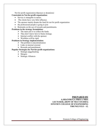 Not for profit organization (Sponsor or donations)
Constraints in Not-for-profit organization:
    Service is intangible in nature.
    The clients have very little influence.
    The sponsor mainly donate the fund for not for profit organization
    the professional people is going to join
    Restraints on the use of rewards and punishments.
Problems in the strategy formulation:
       The main aim is to collect the funds.
       They don‟t know how to frame strategy.
       Internal conflict with the sponsor
       Worthless will be rigid.
Problems in Strategy implementation:
       The problem in decentralization
       Links in internal external
       Rewards and punishment.
Popular Strategies for Not-for-profit organizations:
       Strategic piggybacking
       Mergers
       Strategic Alliances




                                                                          PREPARED BY
                                                            A.SHANMUGA PRIYA MBA
                                                  LECTURER, (DEPT OF MGT STUDIES)
                                                EINSTIEN COLLEGE OF ENGINEERING
                                                                 TIRUNELVELI – 12.




                                             34                Einstein College of Engineering
 