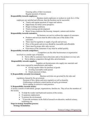 Ensuring safety of their investment
                     Regular payment of interest.
Responsibility towards employees:
                                      Business needs employees or workers to work for it. If the
        employees are satisfied and efficient, then the business can be successful.
                   Timely and regular payment of wages and salaries.
                   Opportunity for better career prospects.
                   Proper working conditions
                   Timely training and development
                   Better living conditions like housing, transport, canteen and crèches.
Responsibility towards customers:
                                      No business can survive without the support of customers.
                   Products and services must be able to take care of the needs of the
                     customers.
                   There must be regularity in supply of goods and services.
                   Price of the goods and services should be reasonable and affordable
                   There must be proper after sales-service
                   Grievances of the consumers if any must be settled quickly.
Responsibility towards competitors:
                                       Competitors are the other businessmen or organization
        involved in a similar type of business.
                  Not to offer to customers heavy/discounts and or free products in every sale.
                  Not to defame competitors through false advertisements.
 Responsibility towards suppliers:
                                     Suppliers are businessmen who supply raw materials and
        other items required by manufacturers and traders.
                      Giving regular orders for purchase of goods
                      Availing reasonable credit period
                      Timely payment of dues.
8. Responsibility towards Government:
                                           Business activities are governed by the rules and
        regulations framed by the government.
                  Payment of fees, duties and taxes regularly as well as honestly
                  Conforming to pollution control norms set up by government
                  Not to indulge in restrictive trade practices.
9. Responsibility towards society:
A society consists of individuals, groups, organizations, families etc. They all are the members of
the society.
             To help the weaker and backward sections of the society.
             To generate employment.
             To protect the environment
             . To provide assistance in the field of research on education, medical science,
                technology etc.
Steps in strategy formation process:
    Strategy formulation:

                                                5                 Einstein College of Engineering
 