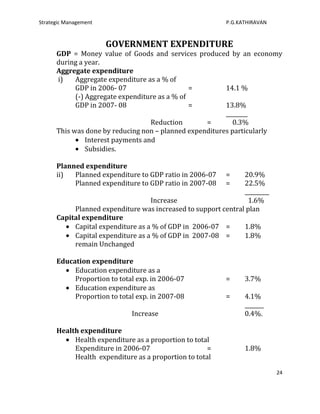 Strategic Management                                      P.G.KATHIRAVAN


                       GOVERNMENT EXPENDITURE
      GDP = Money value of Goods and services produced by an economy
      during a year.
      Aggregate expenditure
      i)    Aggregate expenditure as a % of
            GDP in 2006- 07                     =        14.1 %
            (-) Aggregate expenditure as a % of
            GDP in 2007- 08                     =        13.8%
                                                         ________
                                    Reduction      =        0.3%
      This was done by reducing non – planned expenditures particularly
                Interest payments and
                Subsidies.

      Planned expenditure
      ii)  Planned expenditure to GDP ratio in 2006-07    =    20.9%
           Planned expenditure to GDP ratio in 2007-08    =    22.5%
                                                               _________
                                   Increase                      1.6%
           Planned expenditure was increased to support central plan
      Capital expenditure
           Capital expenditure as a % of GDP in 2006-07 =      1.8%
           Capital expenditure as a % of GDP in 2007-08 =      1.8%
           remain Unchanged

      Education expenditure
           Education expenditure as a
           Proportion to total exp. in 2006-07            =     3.7%
           Education expenditure as
           Proportion to total exp. in 2007-08            =     4.1%
                                                                _______
                             Increase                           0.4%.

      Health expenditure
           Health expenditure as a proportion to total
           Expenditure in 2006-07                    =          1.8%
           Health expenditure as a proportion to total

                                                                           24
 