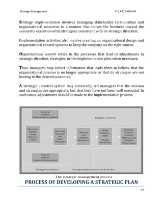 Strategic Management                                         P.G.KATHIRAVAN


Strategy implementation involves managing stakeholder relationships and
organizational resources in a manner that moves the business toward the
successful execution of its strategies, consistent with its strategic direction.

Implementation activities also involve creating an organizational design and
organizational control systems to keep the company on the right course.

Organizational control refers to the processes that lead to adjustments in
strategic direction, strategies, or the implementation plan, when necessary.

Thus, managers may collect information that leads them to believe that the
organizational mission is no longer appropriate or that its strategies are not
leading to the desired outcomes.

A strategic - control system may conversely tell managers that the mission
and strategies are appropriate, but that they have not been well executed. In
such cases, adjustments should be made to the implementation process.




   PROCESS OF DEVELOPING A STRATEGIC PLAN
                                                                               37
 