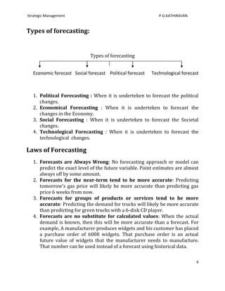 Strategic Management                                         P.G.KATHIRAVAN


Types of forecasting:


                             Types of forecasting


   Economic forecast Social forecast Political forecast   Technological forecast



   1. Political Forecasting : When it is underteken to forecast the political
      changes.
   2. Economical Forecasting : When it is underteken to forecast the
      changes in the Economy.
   3. Social Forecasting : When it is underteken to forecast the Societal
      changes.
   4. Technological Forecasting : When it is underteken to forecast the
      technological changes.

Laws of Forecasting
   1. Forecasts are Always Wrong: No forecasting approach or model can
      predict the exact level of the future variable. Point estimates are almost
      always off by some amount.
   2. Forecasts for the near-term tend to be more accurate: Predicting
      tomorrow’s gas price will likely be more accurate than predicting gas
      price 6 weeks from now.
   3. Forecasts for groups of products or services tend to be more
      accurate: Predicting the demand for trucks will likely be more accurate
      than predicting for green trucks with a 6-disk CD player.
   4. Forecasts are no substitute for calculated values: When the actual
      demand is known, then this will be more accurate than a forecast. For
      example, A manufacturer produces widgets and his customer has placed
      a purchase order of 6000 widgets. That purchase order is an actual
      future value of widgets that the manufacturer needs to manufacture.
      That number can be used instead of a forecast using historical data.

                                                                               6
 