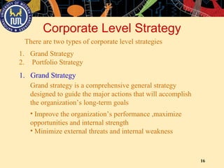 16
Corporate Level Strategy
1. Grand Strategy
Grand strategy is a comprehensive general strategy
designed to guide the major actions that will accomplish
the organization’s long-term goals
• Improve the organization’s performance ,maximize
opportunities and internal strength
• Minimize external threats and internal weakness
There are two types of corporate level strategies
1. Grand Strategy
2. Portfolio Strategy
 