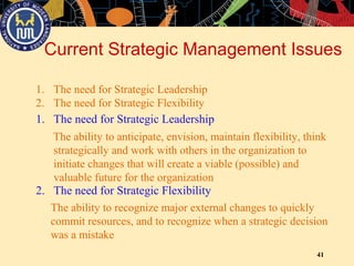 41
Current Strategic Management Issues
1. The need for Strategic Leadership
2. The need for Strategic Flexibility
1. The need for Strategic Leadership
The ability to anticipate, envision, maintain flexibility, think
strategically and work with others in the organization to
initiate changes that will create a viable (possible) and
valuable future for the organization
2. The need for Strategic Flexibility
The ability to recognize major external changes to quickly
commit resources, and to recognize when a strategic decision
was a mistake
 