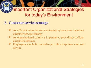 44
Important Organizational Strategies
for today’s Environment
2. Customer service strategy
 An efficient customer communication system is an important
customer service strategy
 An organizational culture is important to providing excellent
customers services
 Employees should be trained to provide exceptional customer
service
 