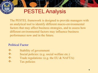 9
PESTEL Analysis
Political Factor
· Stability of government
· Social policies: (e.g. social welfare etc.)
· Trade regulations: (e.g. the EU & NAFTA)
· Tax policies
The PESTEL framework is designed to provide managers with
an analytical tool to identify different macro-environmental
factors that may affect business strategies, and to assess how
different environmental factors may influence business
performance now and in the future.
 