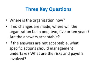 Three Key Questions
• Where is the organization now?
• If no changes are made, where will the
organization be in one, two, five or ten years?
Are the answers acceptable?
• If the answers are not acceptable, what
specific actions should management
undertake? What are the risks and payoffs
involved?
 