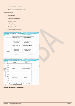 Mayank_kashyap@ymail.com Page 27
 Internal political considerations
 Timing and Competitor Considerations.
Tools and techiques
 SWOT Analysis
 Experience curve analysis
 Life Cycle Analysis
 Industry Analysis
 Competitor Analysis
 Corporate Portfolio Analysis
Strategies for Competing in Global Market
 