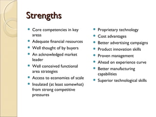 StrengthsStrengths
 Core competencies in key
areas
 Adequate financial resources
 Well thought of by buyers
 An acknowledged market
leader
 Well conceived functional
area strategies
 Access to economies of scale
 Insulated (at least somewhat)
from strong competitive
pressures
 Proprietary technology
 Cost advantages
 Better advertising campaigns
 Product innovation skills
 Proven management
 Ahead on experience curve
 Better manufacturing
capabilities
 Superior technological skills
 