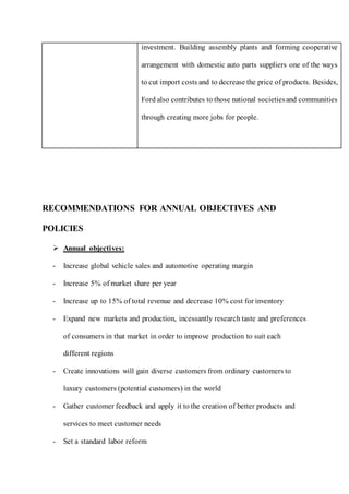 investment. Building assembly plants and forming cooperative
arrangement with domestic auto parts suppliers one of the ways
to cut import costs and to decrease the price of products. Besides,
Ford also contributes to those national societiesand communities
through creating more jobs for people.
RECOMMENDATIONS FOR ANNUAL OBJECTIVES AND
POLICIES
 Annual objectives:
- Increase global vehicle sales and automotive operating margin
- Increase 5% of market share per year
- Increase up to 15% of total revenue and decrease 10% cost for inventory
- Expand new markets and production, incessantly research taste and preferences
of consumers in that market in order to improve production to suit each
different regions
- Create innovations will gain diverse customers from ordinary customers to
luxury customers (potential customers) in the world
- Gather customer feedback and apply it to the creation of better products and
services to meet customer needs
- Set a standard labor reform
 