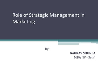 Role of Strategic Management in
Marketing
By:
GAURAV SHUKLA
MBA [IV - Sem]
 