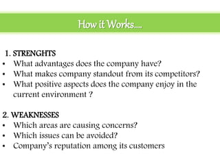 How it Works….
1. STRENGHTS
• What advantages does the company have?
• What makes company standout from its competitors?
• What positive aspects does the company enjoy in the
current environment ?
2. WEAKNESSES
• Which areas are causing concerns?
• Which issues can be avoided?
• Company’s reputation among its customers
 