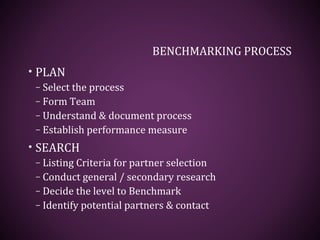 BENCHMARKING PROCESS
• PLAN
– Select the process
– Form Team
– Understand & document process
– Establish performance measure
• SEARCH
– Listing Criteria for partner selection
– Conduct general / secondary research
– Decide the level to Benchmark
– Identify potential partners & contact
 