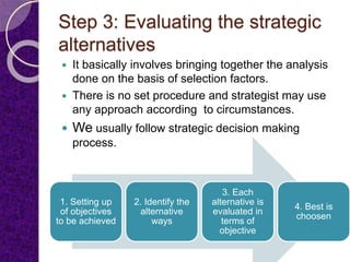 Step 3: Evaluating the strategic
alternatives
 It basically involves bringing together the analysis
done on the basis of ...