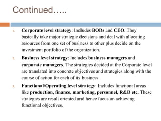 Continued…..
1. Corporate level strategy: Includes BODs and CEO. They
basically take major strategic decisions and deal with allocating
resources from one set of business to other plus decide on the
investment portfolio of the organization.
2. Business level strategy: Includes business managers and
corporate managers. The strategies decided at the Corporate level
are translated into concrete objectives and strategies along with the
course of action for each of its business.
3. Functional/Operating level strategy: Includes functional areas
like production, finance, marketing, personnel, R&D etc. These
strategies are result oriented and hence focus on achieving
functional objectives.
 