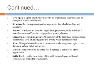 Continued…
1. Strategy: it’s a plan of action prepared by an organization in anticipation of
changes in eternal environment.
2. Structure: It’s the organizational arrangements, formal relationships and
hierarchy.
3. Systems: it includes all the rules, regulations, procedures, daily activities &
procedures that staff members engage in to get the job done.
4. Shared values (Common goal): All members of the firm share some common
fundamental ideas or guiding concepts around which business is built.
5. Style: All organizations have their own culture and management style i.e. the
dominant values, belief and norms.
6. Staff: it’s the people who make the real difference to the success of the
organization.
7. Skills: It refers to the capabilities of the staff i.e. employees skills and
competencies within the organization.
 