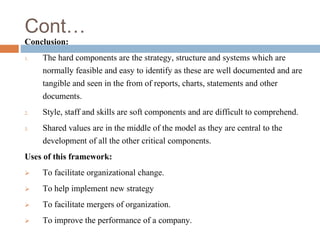 Cont…
Conclusion:
1. The hard components are the strategy, structure and systems which are
normally feasible and easy to identify as these are well documented and are
tangible and seen in the from of reports, charts, statements and other
documents.
2. Style, staff and skills are soft components and are difficult to comprehend.
3. Shared values are in the middle of the model as they are central to the
development of all the other critical components.
Uses of this framework:
 To facilitate organizational change.
 To help implement new strategy
 To facilitate mergers of organization.
 To improve the performance of a company.
 