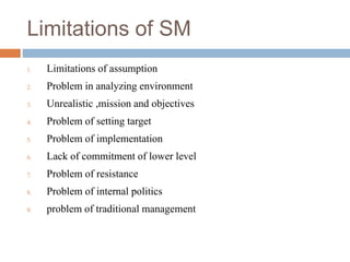 Limitations of SM
1. Limitations of assumption
2. Problem in analyzing environment
3. Unrealistic ,mission and objectives
4. Problem of setting target
5. Problem of implementation
6. Lack of commitment of lower level
7. Problem of resistance
8. Problem of internal politics
9. problem of traditional management
 