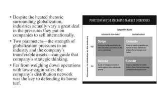 • Despite the heated rhetoric
surrounding globalization,
industries actually vary a great deal
in the pressures they put on
companies to sell internationally.
• Two parameters—the strength of
globalization pressures in an
industry and the company’s
transferable assets—can guide that
company’s strategic thinking.
• Far from weighing down operations
with low-margin sales, the
company’s distribution network
was the key to defending its home
turf.
 