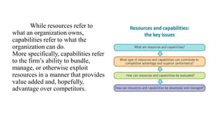 While resources refer to
what an organization owns,
capabilities refer to what the
organization can do.
More specifically, capabilities refer
to the firm’s ability to bundle,
manage, or otherwise exploit
resources in a manner that provides
value added and, hopefully,
advantage over competitors.
 