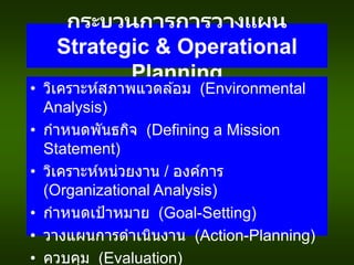 กระบวนการการวางแผน
Strategic & Operational
Planning
• วิเคราะห์สภาพแวดล ้อม (Environmental
Analysis)
• กาหนดพันธกิจ (Defining a Mission
Statement)
• วิเคราะห์หน่วยงาน / องค์การ
(Organizational Analysis)
• กาหนดเป้าหมาย (Goal-Setting)
• วางแผนการดาเนินงาน (Action-Planning)
• ควบคุม (Evaluation)
 