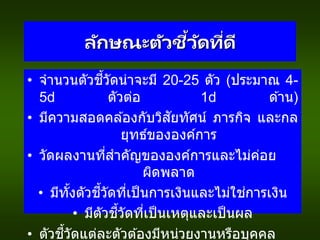 ลักษณะตัวชี้วัดที่ดี
• จานวนตัวชี้วัดน่าจะมี 20-25 ตัว (ประมาณ 4-
5 ตัวต่อ 1 ด ้าน)
• มีความสอดคล ้องกับวิสัยทัศน์ ภารกิจ และกล
ยุทธ์ขององค์การ
• วัดผลงานที่สาคัญขององค์การและไม่ค่อย
ผิดพลาด
• มีทั้งตัวชี้วัดที่เป็นการเงินและไม่ใช่การเงิน
• มีตัวชี้วัดที่เป็นเหตุและเป็นผล
• ตัวชี้วัดแต่ละตัวต ้องมีหน่วยงานหรือบุคคล
 