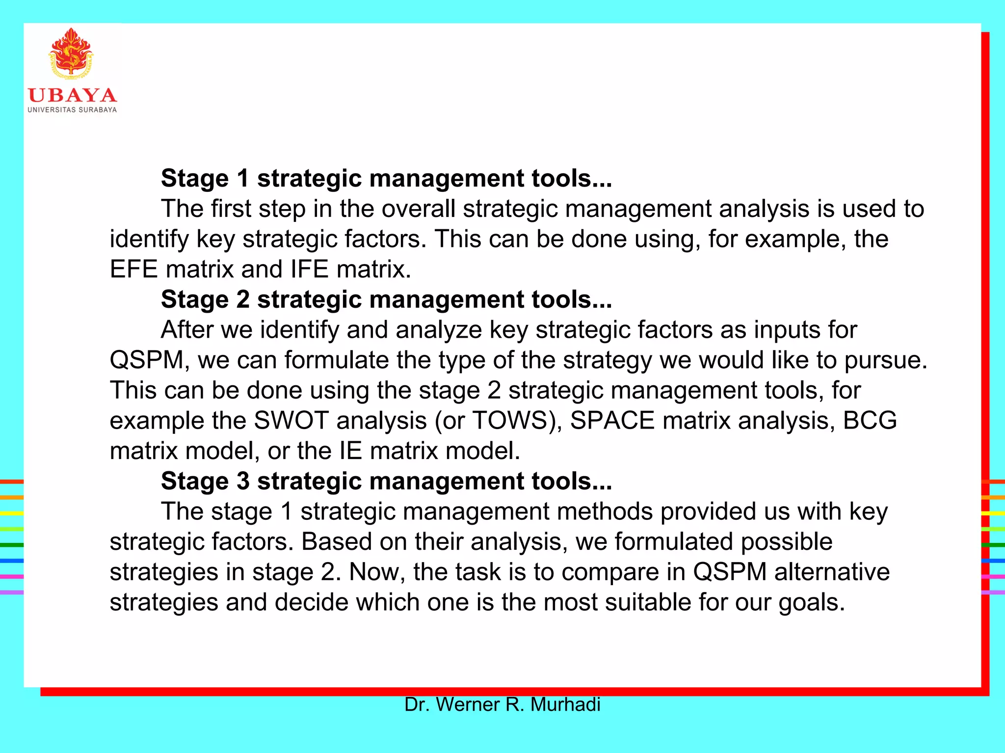 Dr. Werner R. Murhadi
Stage 1 strategic management tools...
The first step in the overall strategic management analysis is used to
identify key strategic factors. This can be done using, for example, the
EFE matrix and IFE matrix.
Stage 2 strategic management tools...
After we identify and analyze key strategic factors as inputs for
QSPM, we can formulate the type of the strategy we would like to pursue.
This can be done using the stage 2 strategic management tools, for
example the SWOT analysis (or TOWS), SPACE matrix analysis, BCG
matrix model, or the IE matrix model.
Stage 3 strategic management tools...
The stage 1 strategic management methods provided us with key
strategic factors. Based on their analysis, we formulated possible
strategies in stage 2. Now, the task is to compare in QSPM alternative
strategies and decide which one is the most suitable for our goals.
 