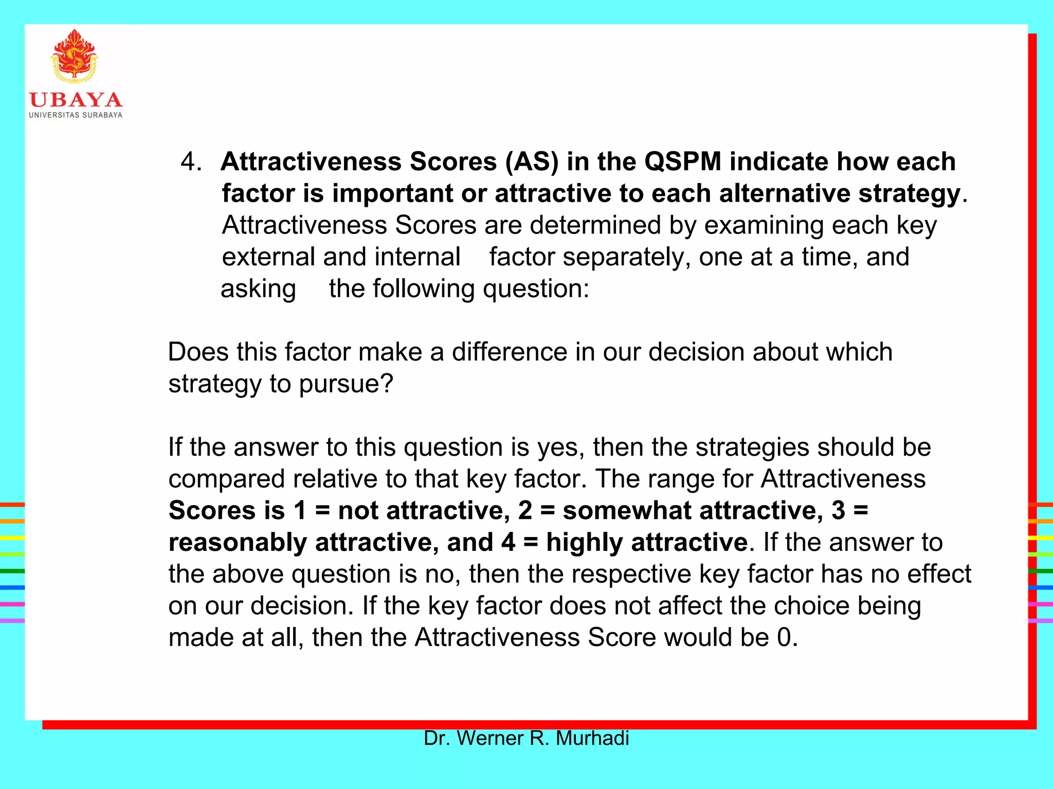 Dr. Werner R. Murhadi
4. Attractiveness Scores (AS) in the QSPM indicate how each
factor is important or attractive to each alternative strategy.
Attractiveness Scores are determined by examining each key
external and internal factor separately, one at a time, and
asking the following question:
Does this factor make a difference in our decision about which
strategy to pursue?
If the answer to this question is yes, then the strategies should be
compared relative to that key factor. The range for Attractiveness
Scores is 1 = not attractive, 2 = somewhat attractive, 3 =
reasonably attractive, and 4 = highly attractive. If the answer to
the above question is no, then the respective key factor has no effect
on our decision. If the key factor does not affect the choice being
made at all, then the Attractiveness Score would be 0.
 